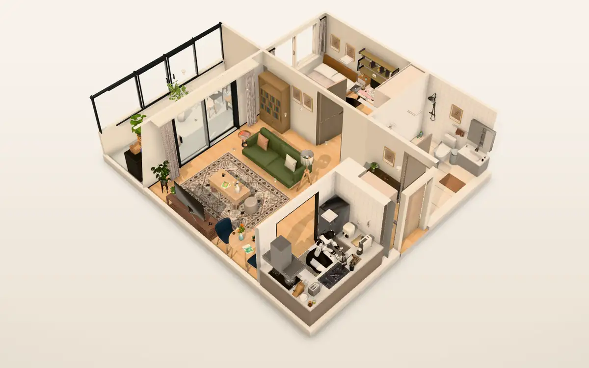 A cutaway view of the furnished apartment scene